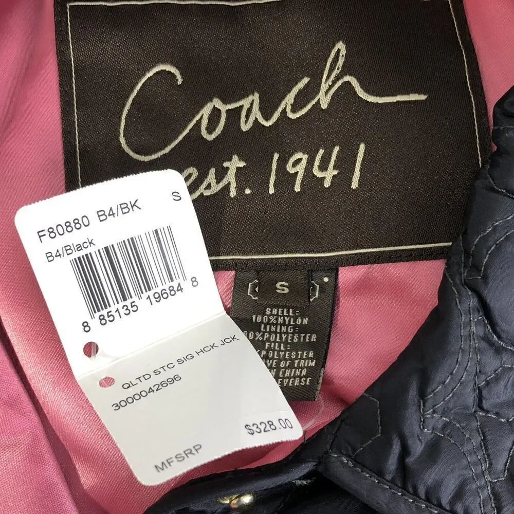 COACH Black & Pink Monogram C Logo Quilted Jacket Size S Satin Pink lining NWT - Picture 4 of 9